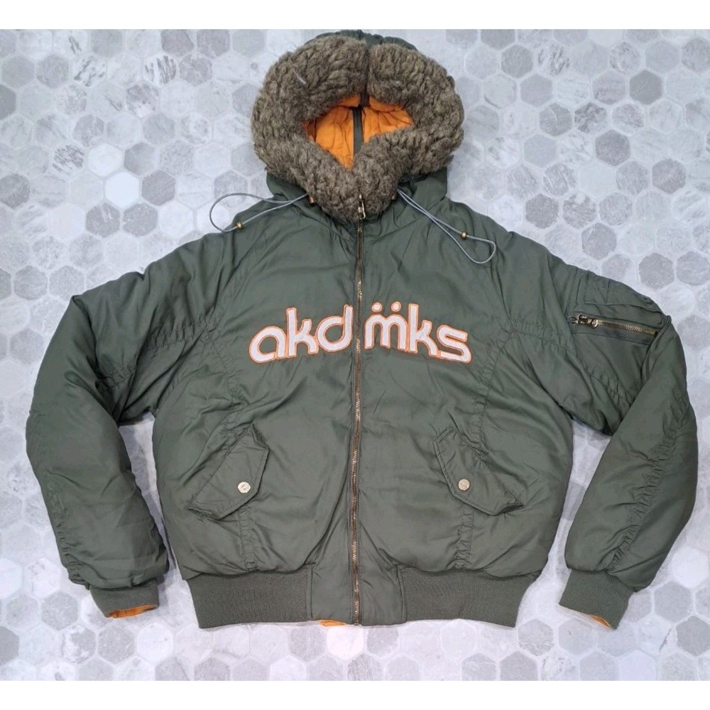 Akdmks Army Green Orange Reversible Puffer Down Goose Jacket Coat Hood Size S